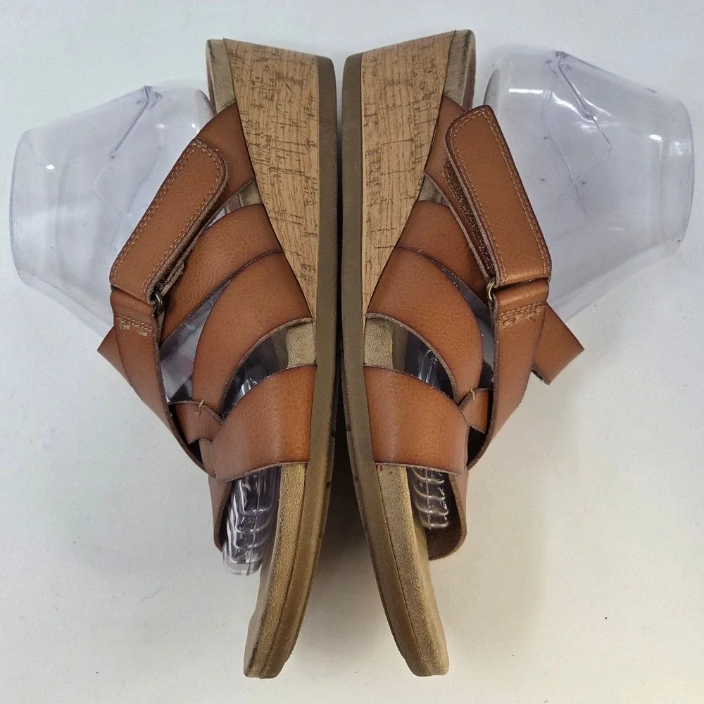 Bjorndal Womens Tan Cognac Strappy Cork Wedge Sandals Hook Loop Closure Size 10